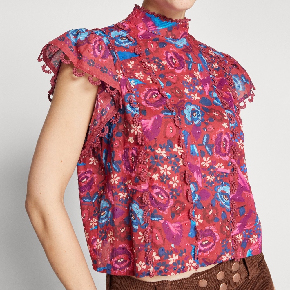 FARM Rio Pink Floral Ruffle Mock-Neck Blouse